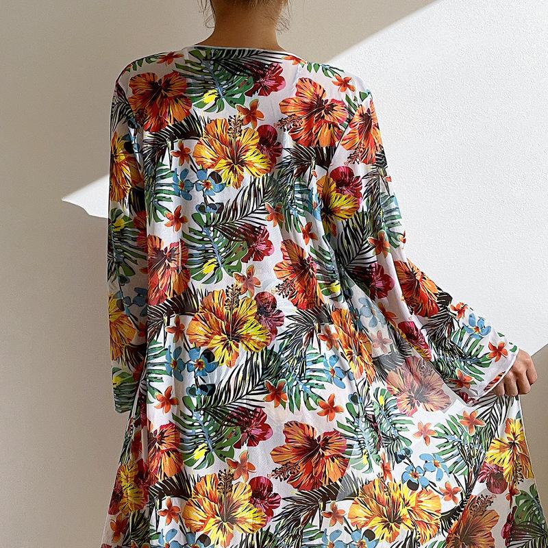 (image for) Women 3 Piece Bikini Set with Long Sleeve Sheer Cover Up, Tropical Floral Print Tie Front Bathing Suit with Kimono Cardigan, Sexy Vacation Swimwear S-XXXL