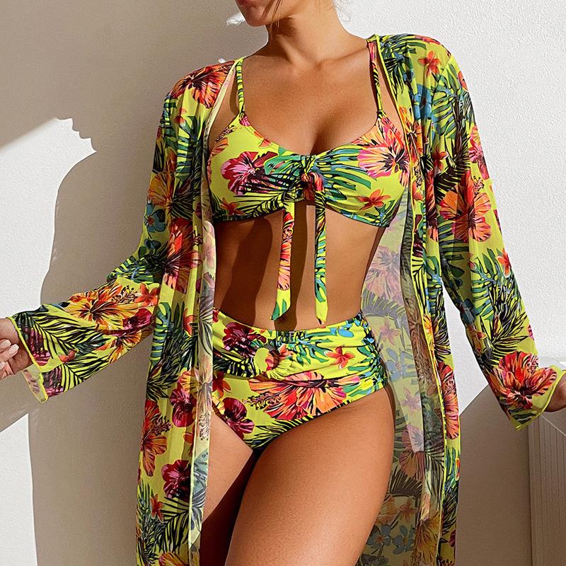 (image for) Women 3 Piece Bikini Set with Long Sleeve Sheer Cover Up, Tropical Floral Print Tie Front Bathing Suit with Kimono Cardigan, Sexy Vacation Swimwear S-XXXL