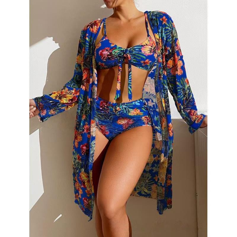 (image for) Women 3 Piece Bikini Set with Long Sleeve Sheer Cover Up, Tropical Floral Print Tie Front Bathing Suit with Kimono Cardigan, Sexy Vacation Swimwear S-XXXL