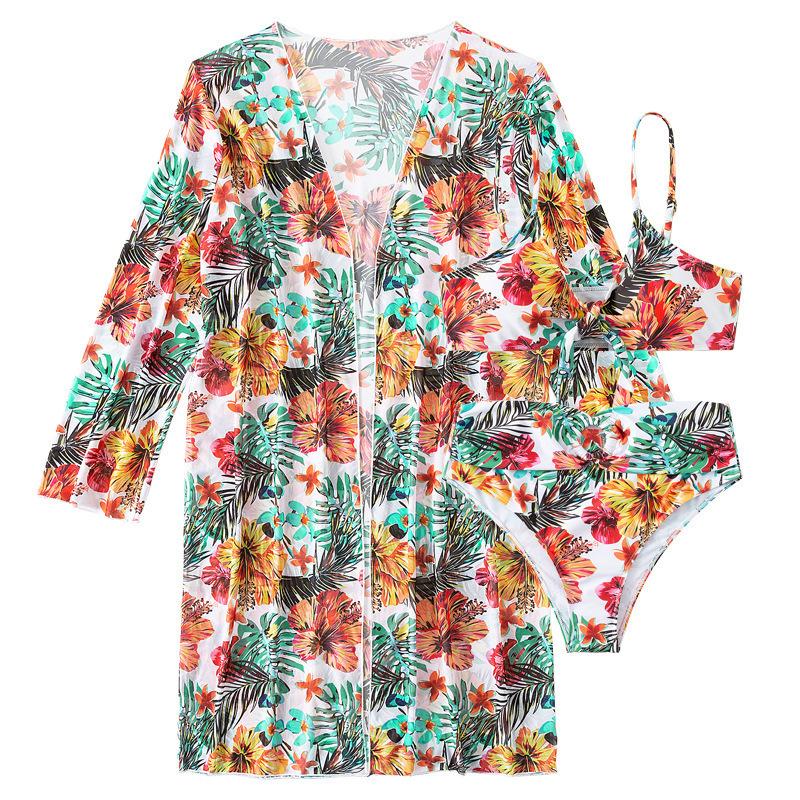 (image for) Women 3 Piece Bikini Set with Long Sleeve Sheer Cover Up, Tropical Floral Print Tie Front Bathing Suit with Kimono Cardigan, Sexy Vacation Swimwear S-XXXL