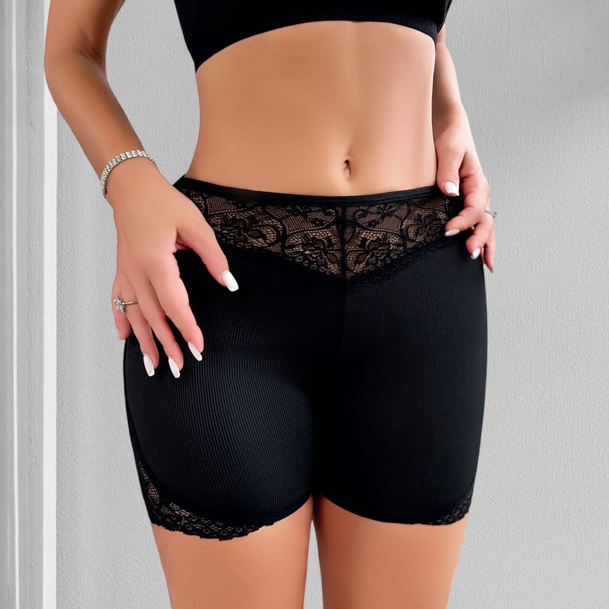 (image for) Women's Mid Waist Butt Lifting Boyshort Shaper Lace Trim Tummy Control Slimming Seamless Waistband Body Shaping Intimate Short