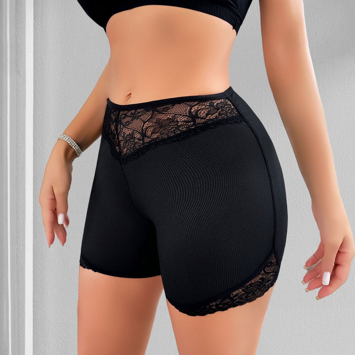 (image for) Women's Mid Waist Butt Lifting Boyshort Shaper Lace Trim Tummy Control Slimming Seamless Waistband Body Shaping Intimate Short