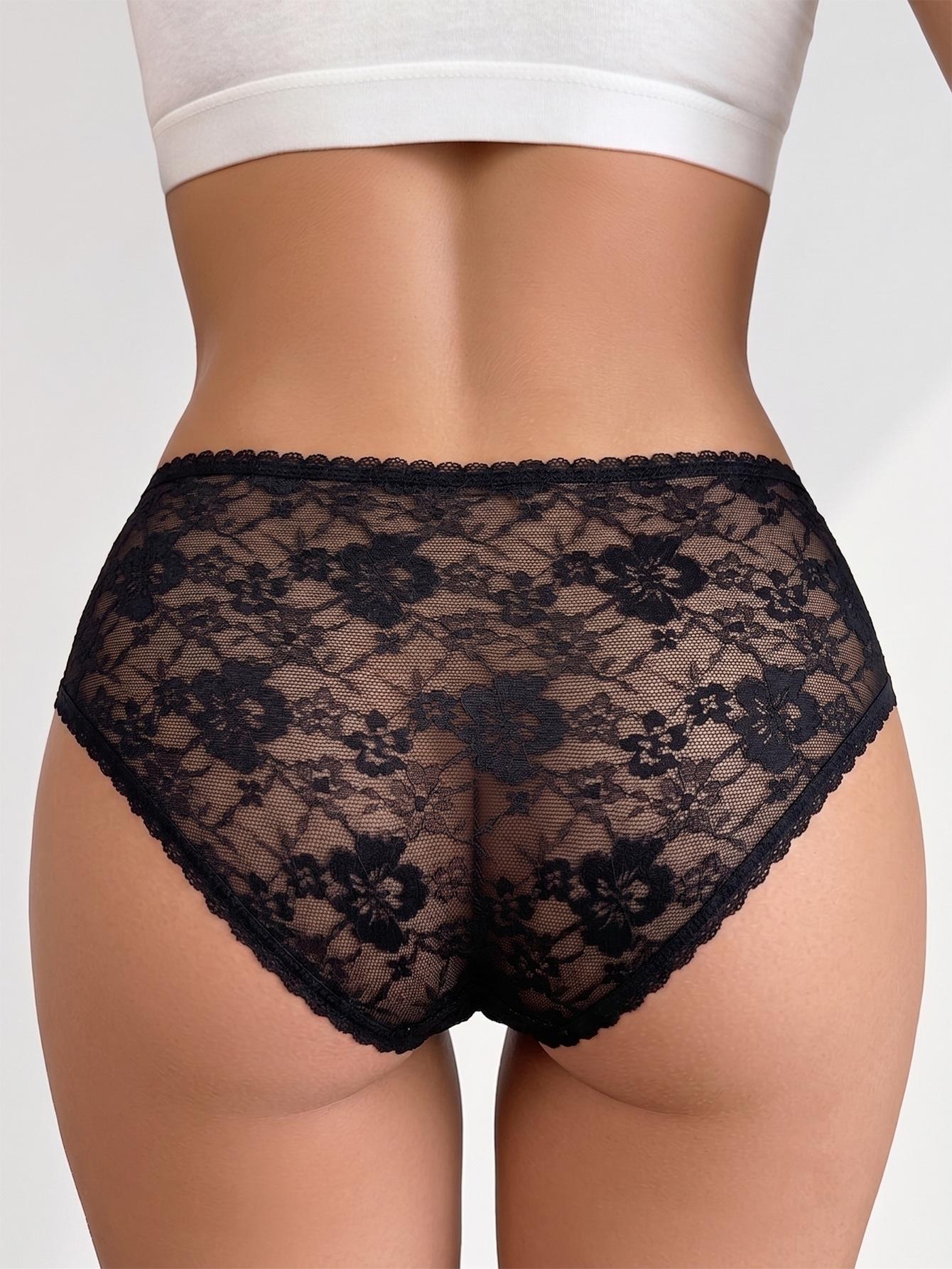 (image for) Women's Hollow Floral Lace Bow Sheer Low Rise Triangle Briefs Breathable Sexy See-Through Everyday Panties