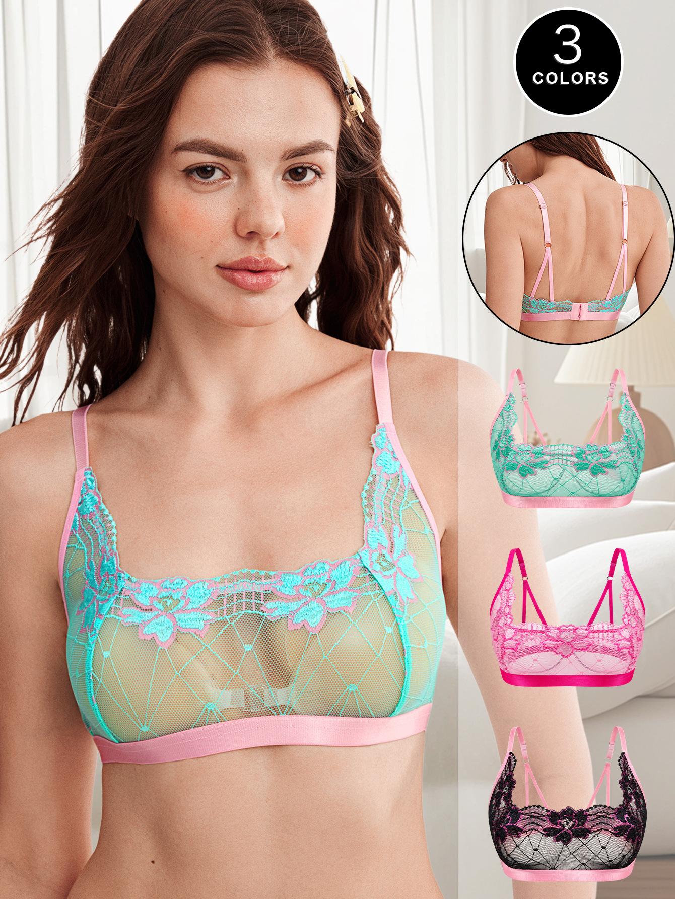 (image for) Women's Valentine Floral Embroidered Mesh Sheer Bralette 3/4 Ultra-Thin Wireless Cup Side Smoothing 3-Row Back Closure Sexy Pure Allure Lingerie
