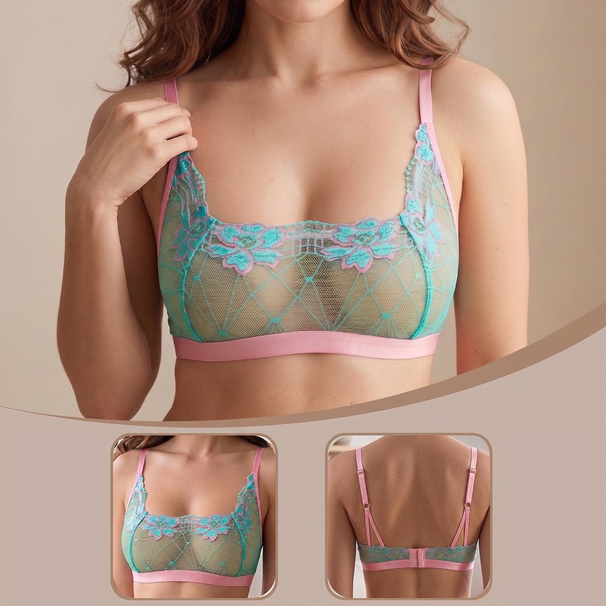 (image for) Women's Valentine Floral Embroidered Mesh Sheer Bralette 3/4 Ultra-Thin Wireless Cup Side Smoothing 3-Row Back Closure Sexy Pure Allure Lingerie