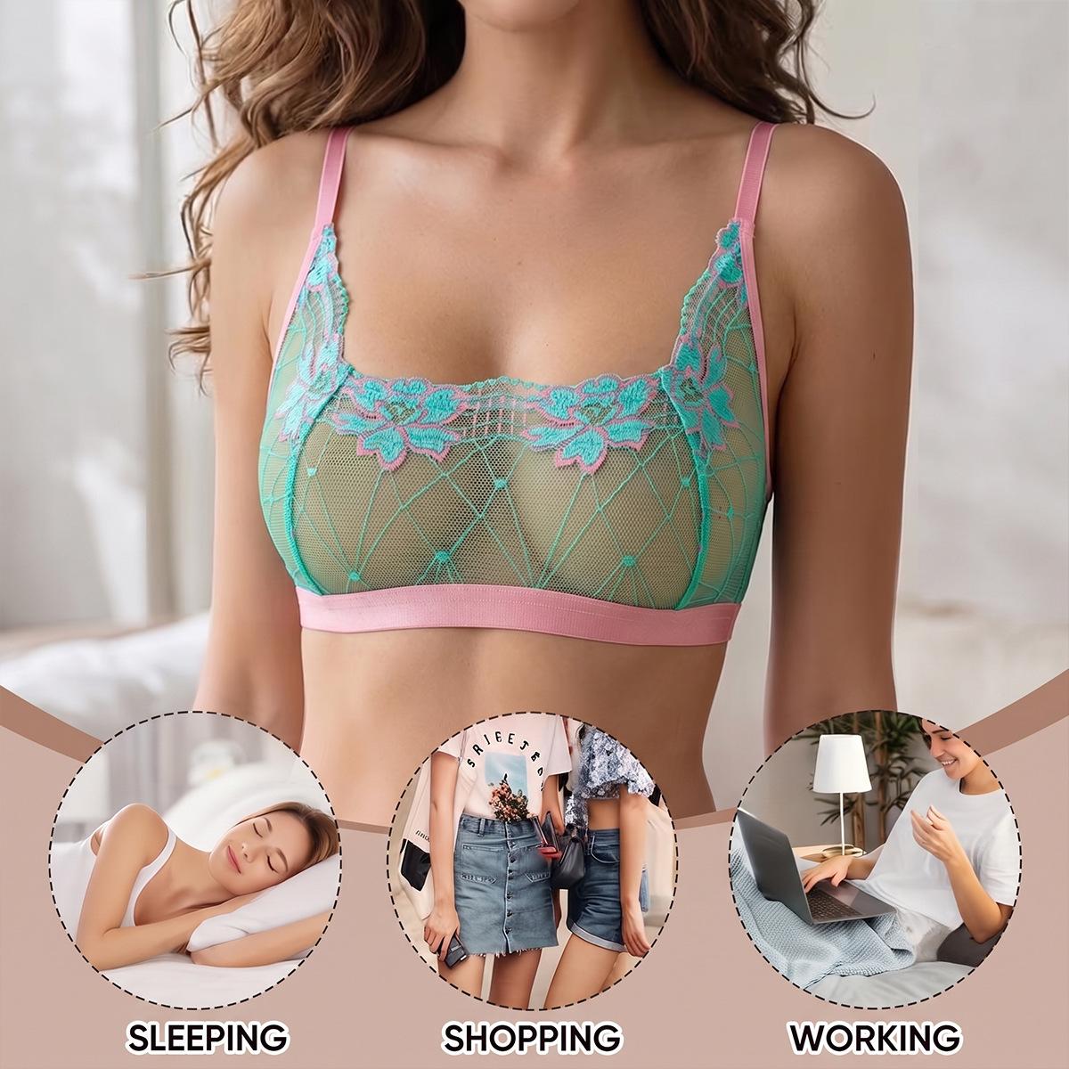 (image for) Women's Valentine Floral Embroidered Mesh Sheer Bralette 3/4 Ultra-Thin Wireless Cup Side Smoothing 3-Row Back Closure Sexy Pure Allure Lingerie