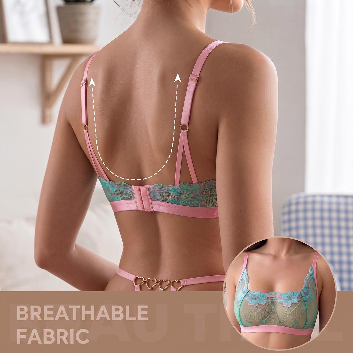 (image for) Women's Valentine Floral Embroidered Mesh Sheer Bralette 3/4 Ultra-Thin Wireless Cup Side Smoothing 3-Row Back Closure Sexy Pure Allure Lingerie