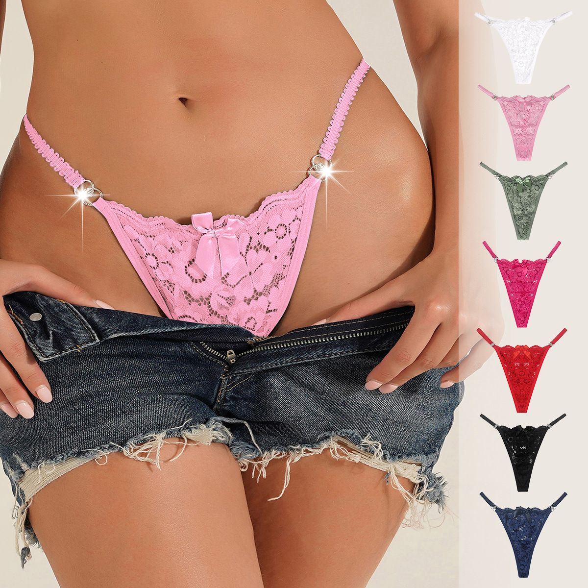 (image for) Women's Sexy Hollow Out Lace Mesh Low Rise Thong Rhinestone Adjustable Strap Bow Detail Breathable Quick Dry Intimate Panty