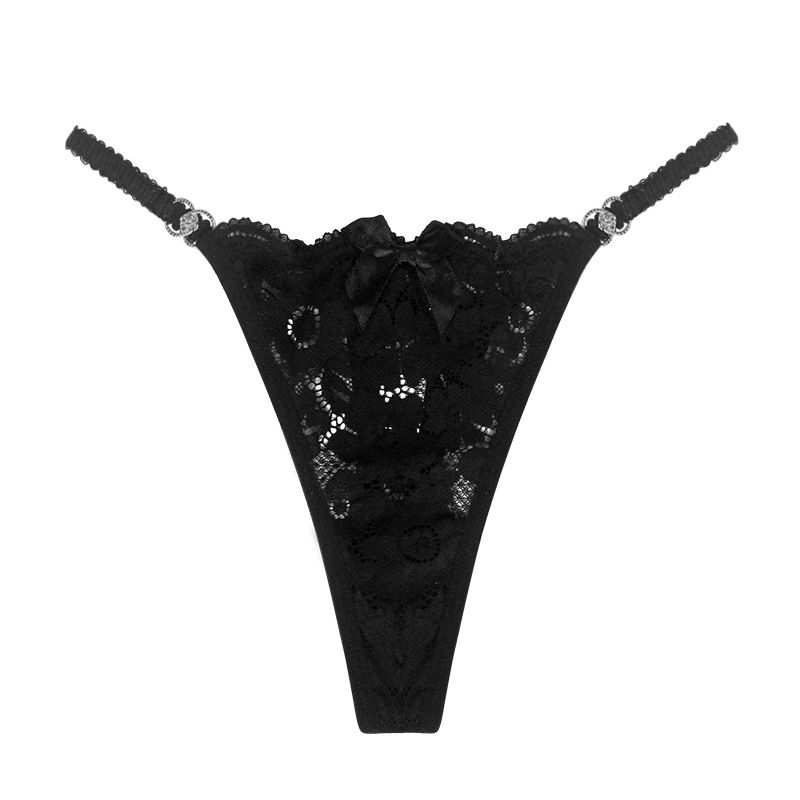 (image for) Women's Sexy Hollow Out Lace Mesh Low Rise Thong Rhinestone Adjustable Strap Bow Detail Breathable Quick Dry Intimate Panty