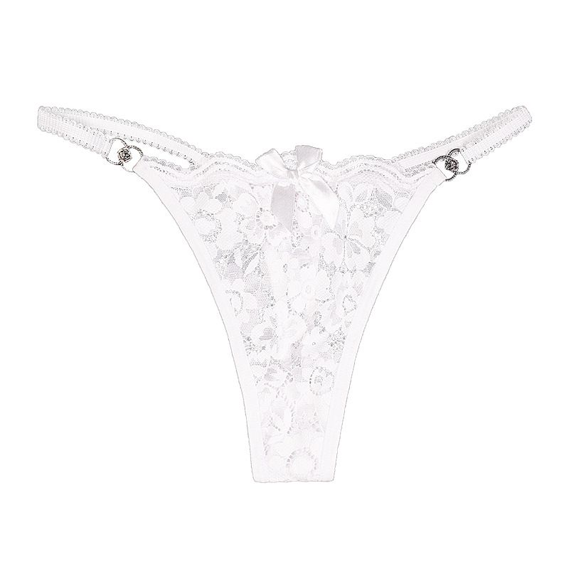 (image for) Women's Sexy Hollow Out Lace Mesh Low Rise Thong Rhinestone Adjustable Strap Bow Detail Breathable Quick Dry Intimate Panty