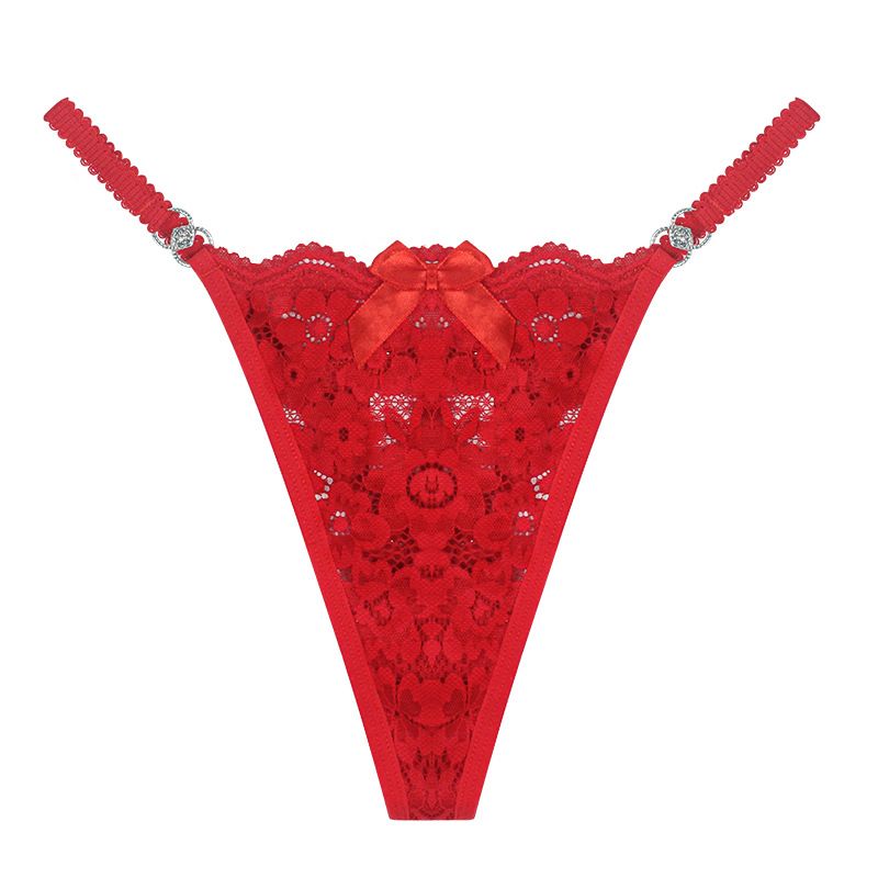 (image for) Women's Sexy Hollow Out Lace Mesh Low Rise Thong Rhinestone Adjustable Strap Bow Detail Breathable Quick Dry Intimate Panty