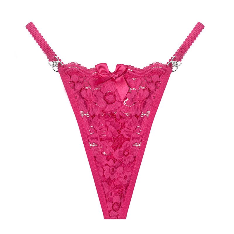 (image for) Women's Sexy Hollow Out Lace Mesh Low Rise Thong Rhinestone Adjustable Strap Bow Detail Breathable Quick Dry Intimate Panty