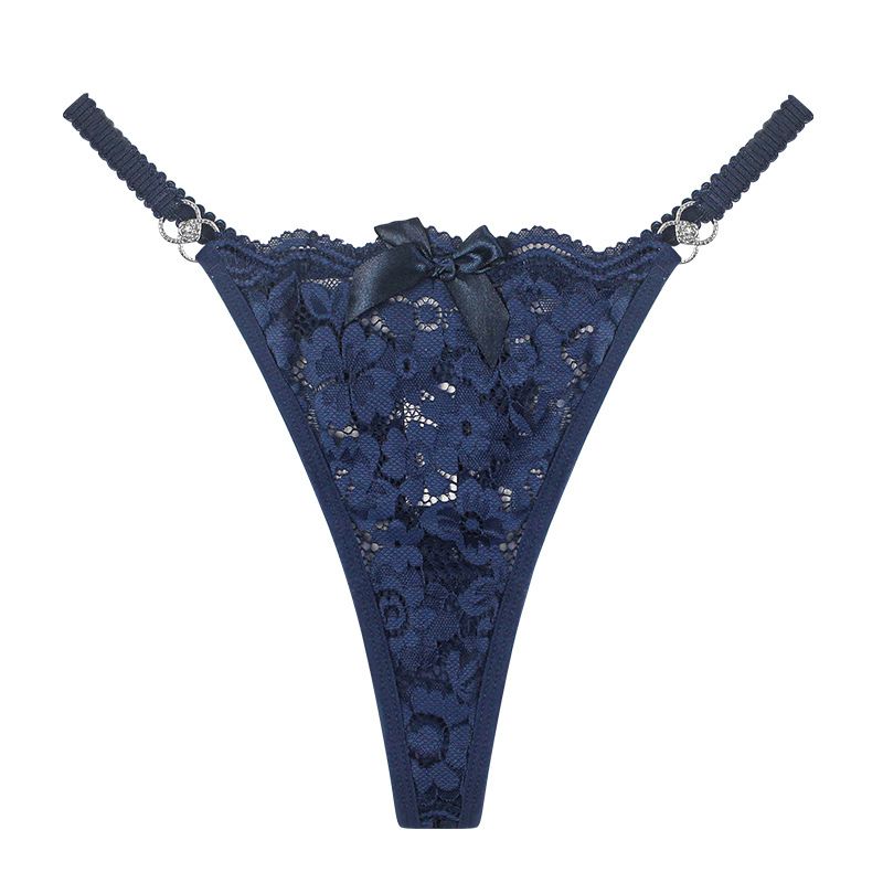 (image for) Women's Sexy Hollow Out Lace Mesh Low Rise Thong Rhinestone Adjustable Strap Bow Detail Breathable Quick Dry Intimate Panty