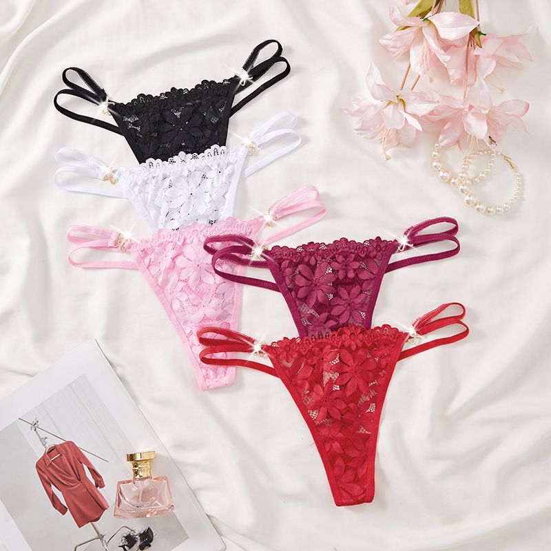 (image for) Women's Floral Lace Low Rise Thong with Metal Ring Detail Breathable Cotton Gusset Seamless Comfort Everyday Intimate Panty