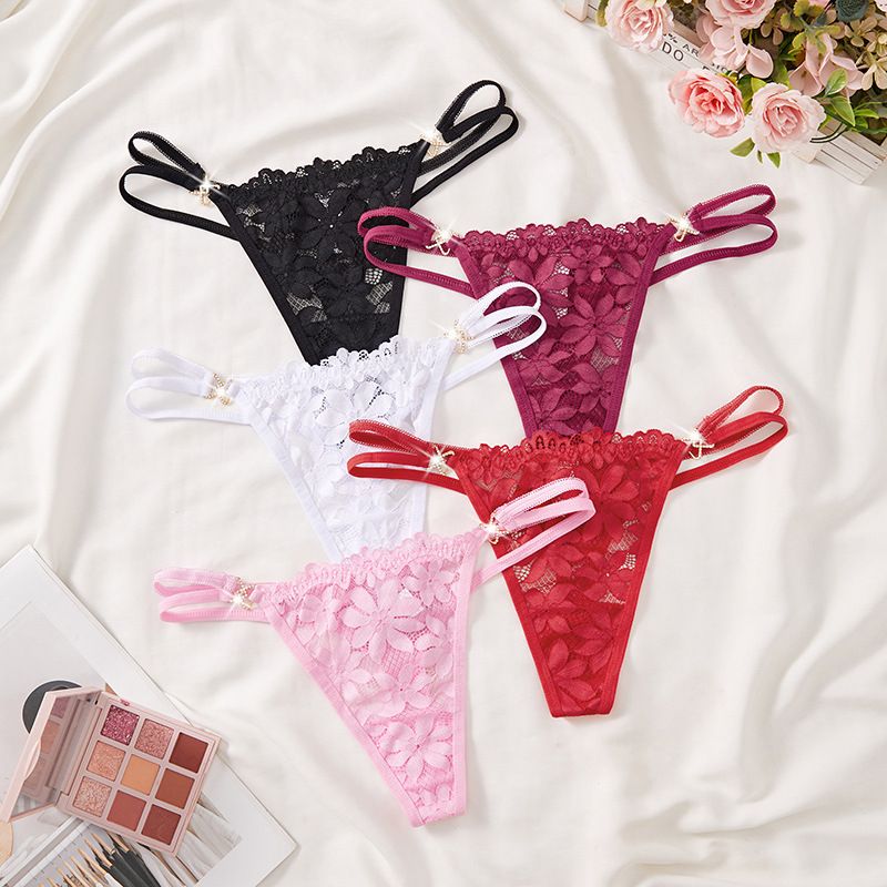 (image for) Women's Floral Lace Low Rise Thong with Metal Ring Detail Breathable Cotton Gusset Seamless Comfort Everyday Intimate Panty