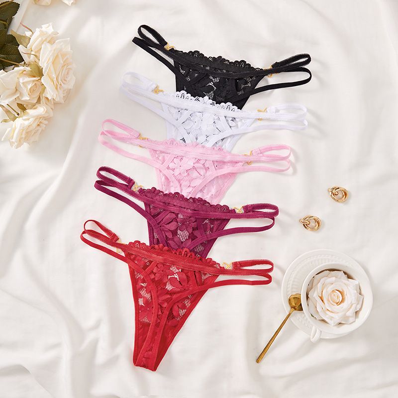 (image for) Women's Floral Lace Low Rise Thong with Metal Ring Detail Breathable Cotton Gusset Seamless Comfort Everyday Intimate Panty