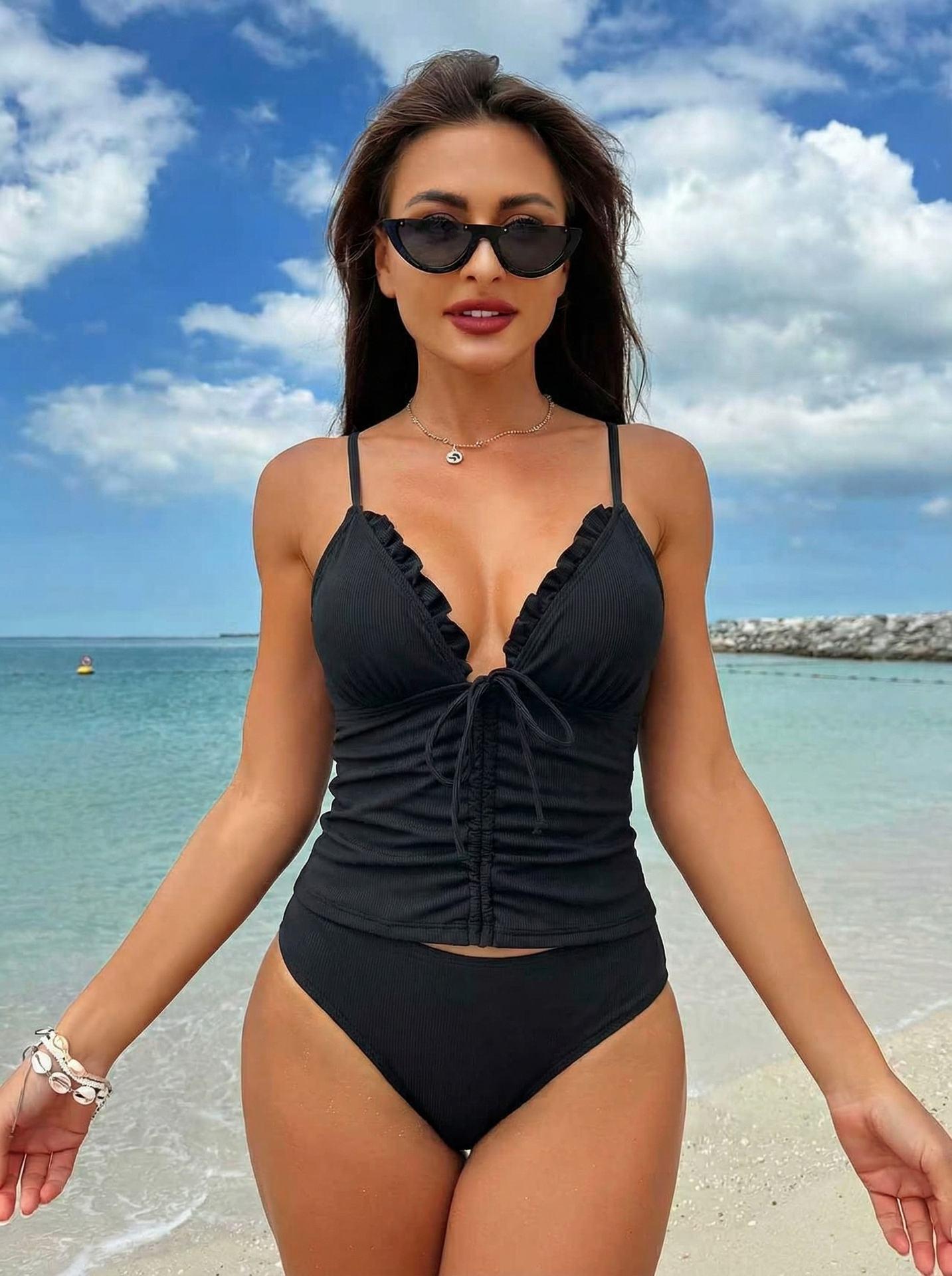 Women Black Ruffle Trim Drawstring V Neck Tankini Set Spaghetti Strap Ruched Tummy Control Slimming Two Piece Swimwear