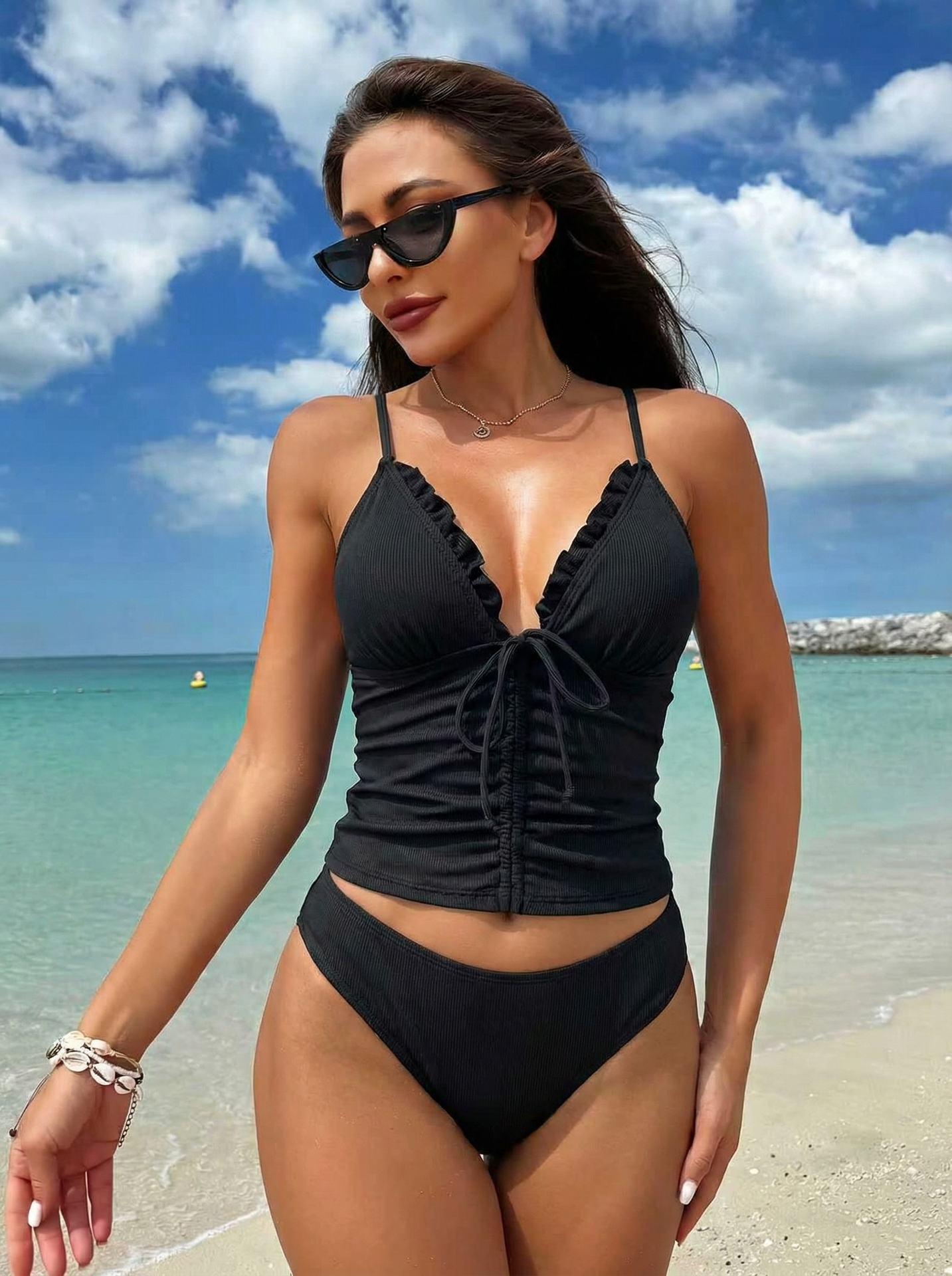 (image for) Women Black Ruffle Trim Drawstring V Neck Tankini Set Spaghetti Strap Ruched Tummy Control Slimming Two Piece Swimwear