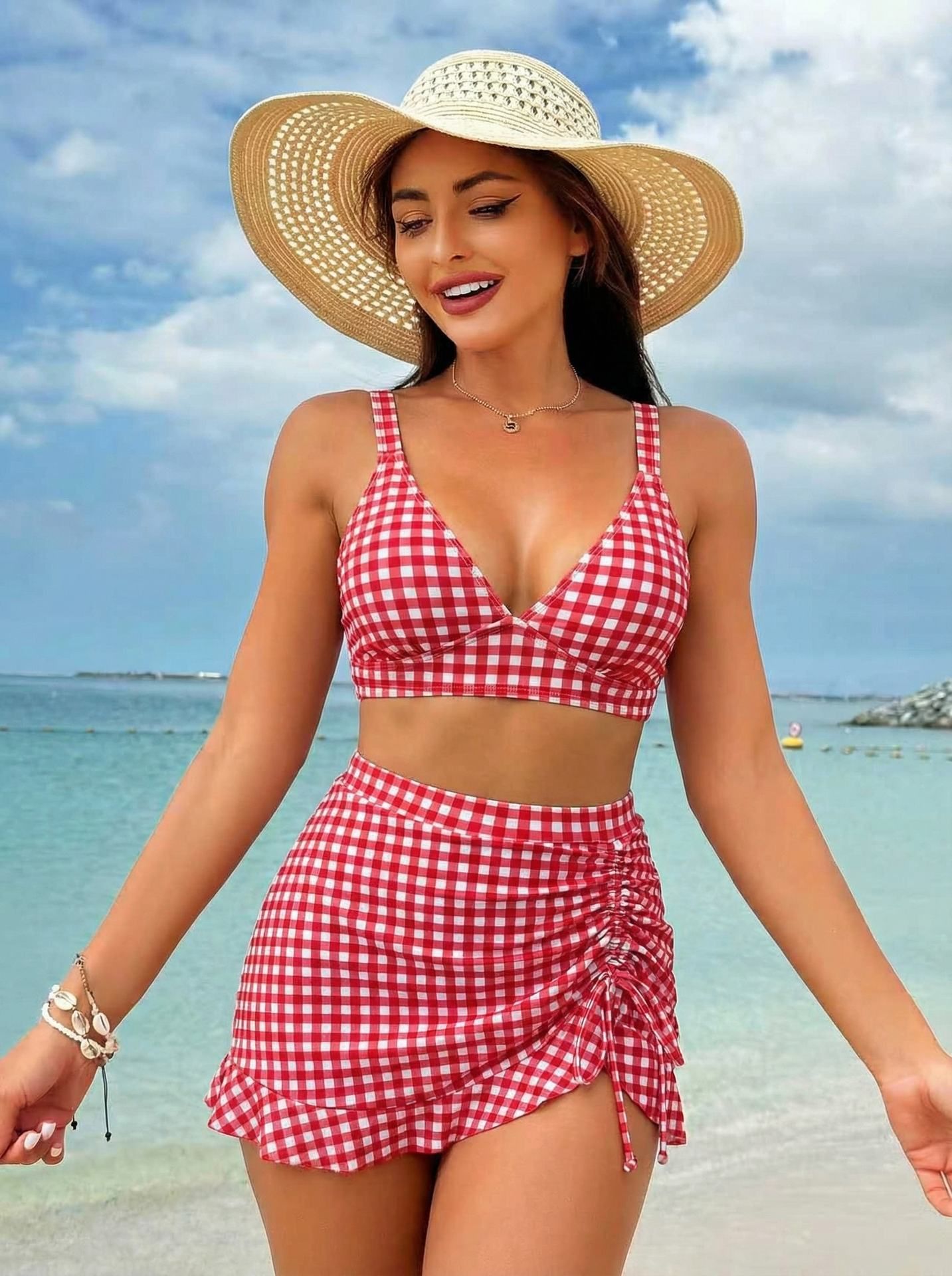 (image for) Women Red White Gingham Plaid Bikini Set with Side Drawstring Skirted Shorts Casual Style Premium Two Piece Beach Swimwear