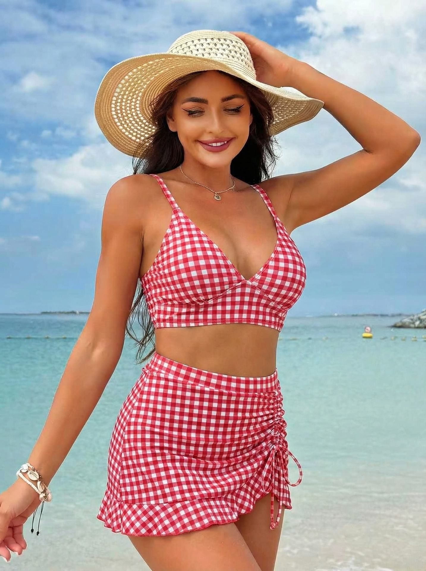 (image for) Women Red White Gingham Plaid Bikini Set with Side Drawstring Skirted Shorts Casual Style Premium Two Piece Beach Swimwear