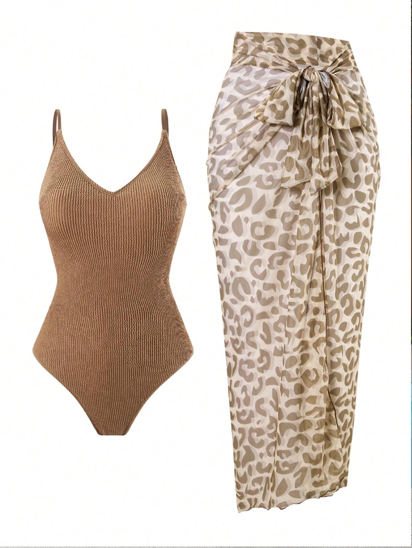 (image for) Women Brown Ribbed Spaghetti Strap One Piece Swimsuit with Leopard Print Sheer Sarong Skirt 2 Piece Tummy Control Sexy Vacation Beach Swimwear Set