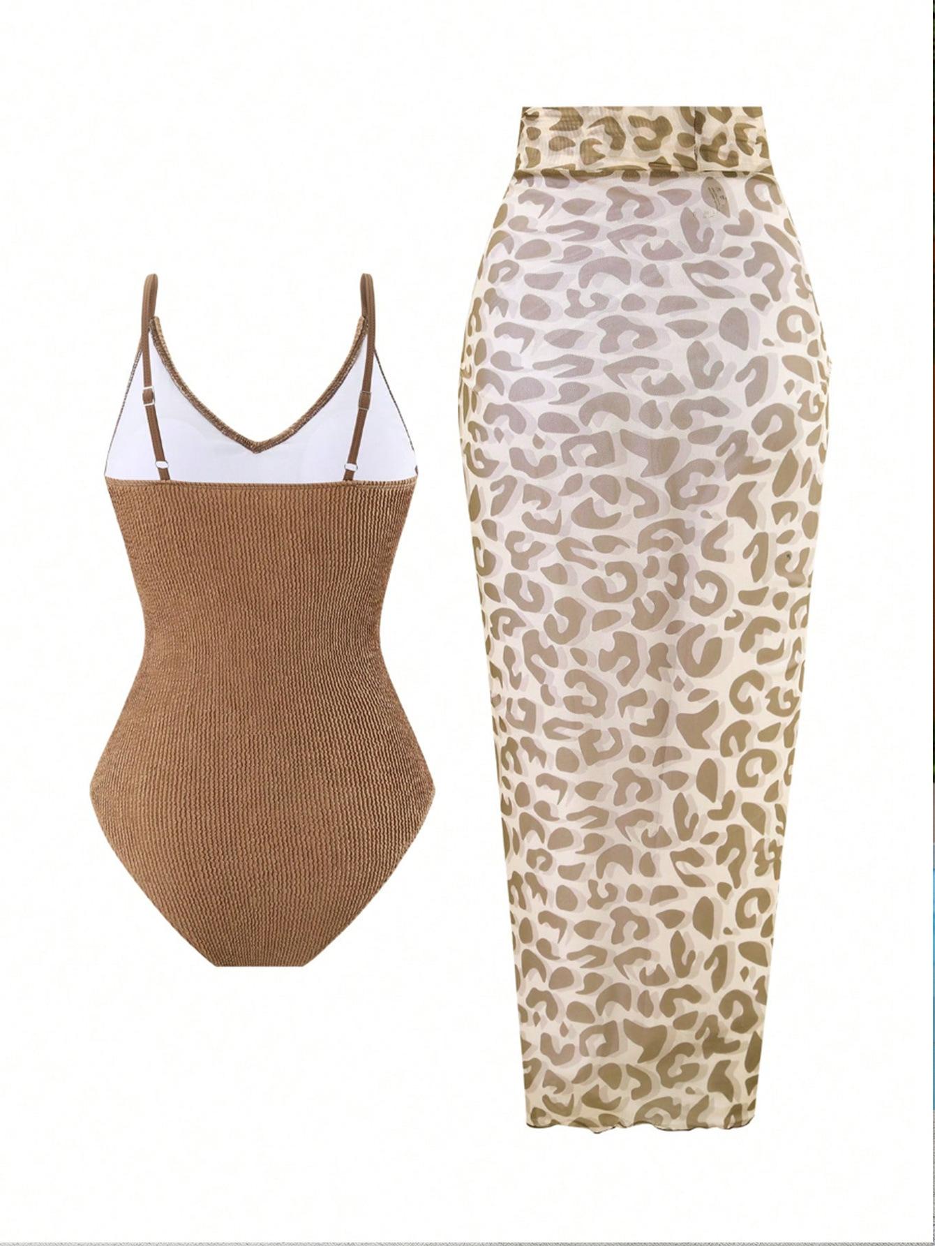 (image for) Women Brown Ribbed Spaghetti Strap One Piece Swimsuit with Leopard Print Sheer Sarong Skirt 2 Piece Tummy Control Sexy Vacation Beach Swimwear Set