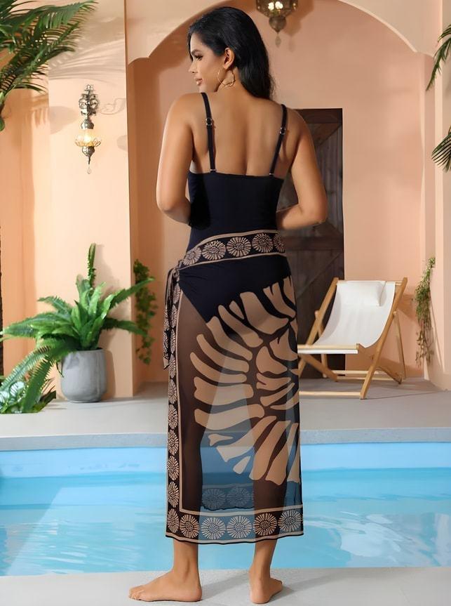 (image for) Women Vintage Sun Floral Print Straight Neck One Piece Swimsuit with Sheer Mesh Maxi Sarong Skirt 2 Piece Premium Sexy Retro Beach Resort Swimwear Set