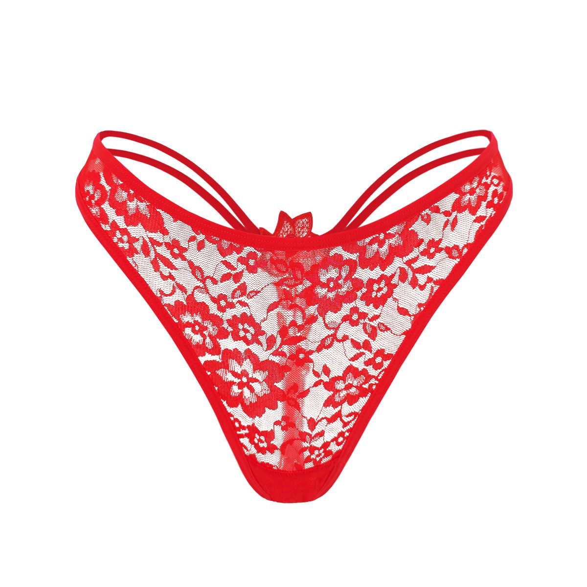 (image for) Women's Christmas Red Floral Lace Hollow Out Low Rise Thong Thin Strap Breathable Cotton Gusset Festive Intimate Panty