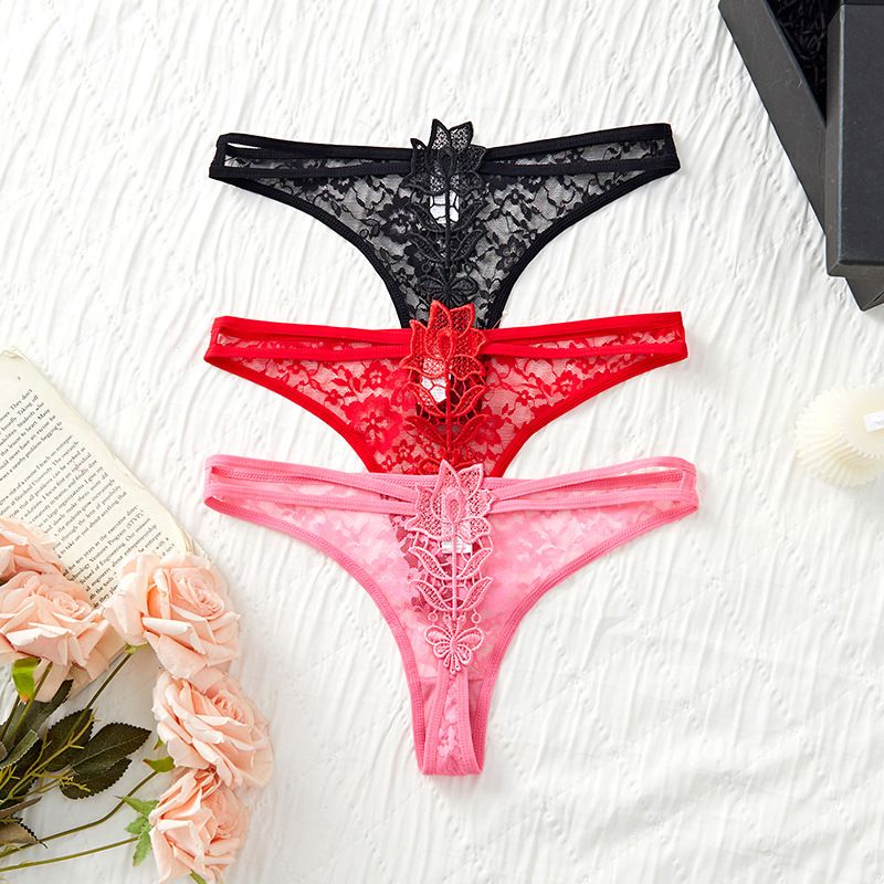 (image for) Women's Christmas Red Floral Lace Hollow Out Low Rise Thong Thin Strap Breathable Cotton Gusset Festive Intimate Panty