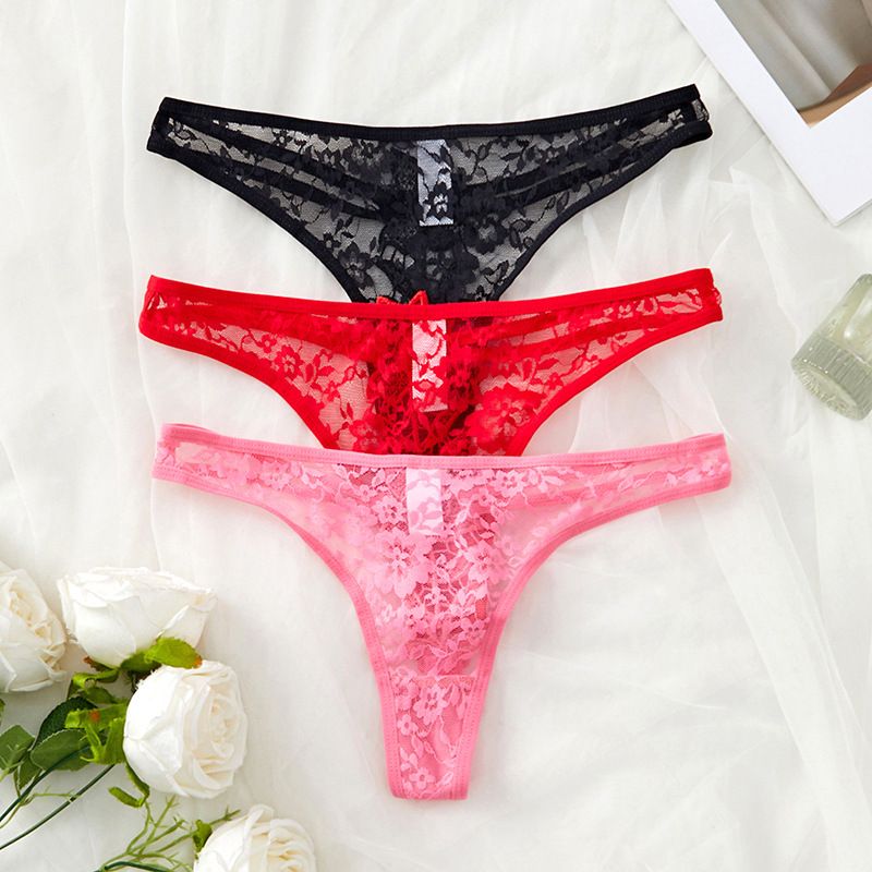 (image for) Women's Christmas Red Floral Lace Hollow Out Low Rise Thong Thin Strap Breathable Cotton Gusset Festive Intimate Panty