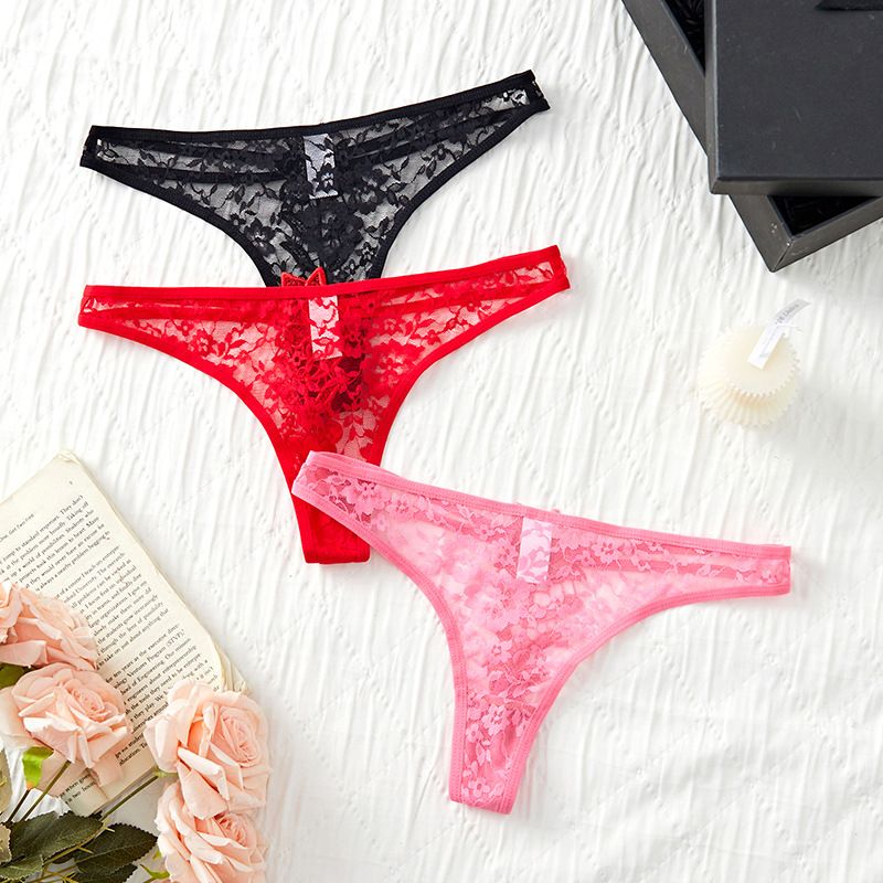 (image for) Women's Christmas Red Floral Lace Hollow Out Low Rise Thong Thin Strap Breathable Cotton Gusset Festive Intimate Panty