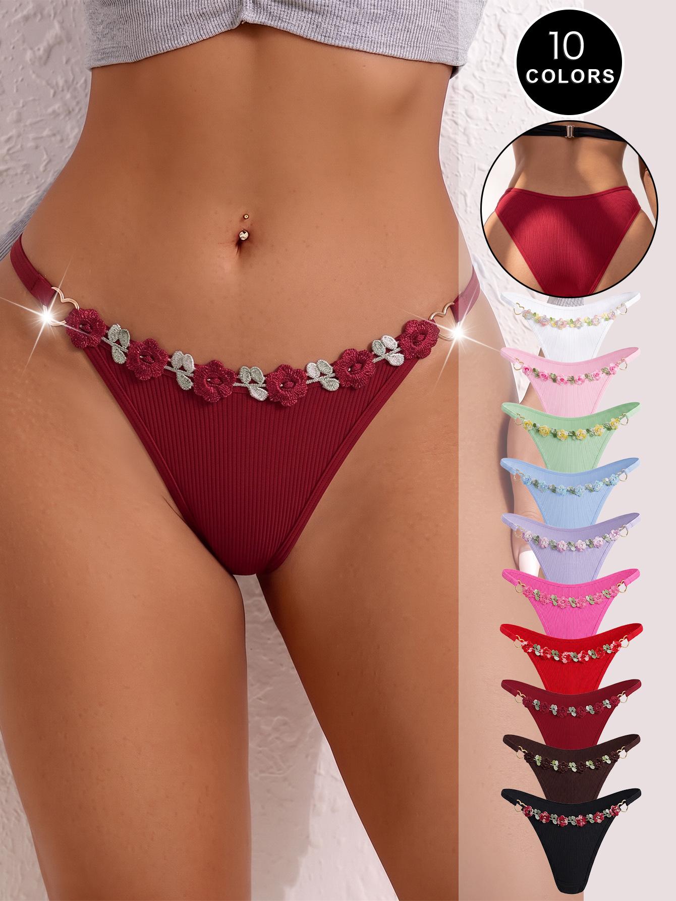 (image for) Women's Low Rise High Cut Ribbed Triangle Briefs Floral Embroidered Waist Semi-Cheeky Fit Soft Cotton Gusset Breathable Everyday Panties