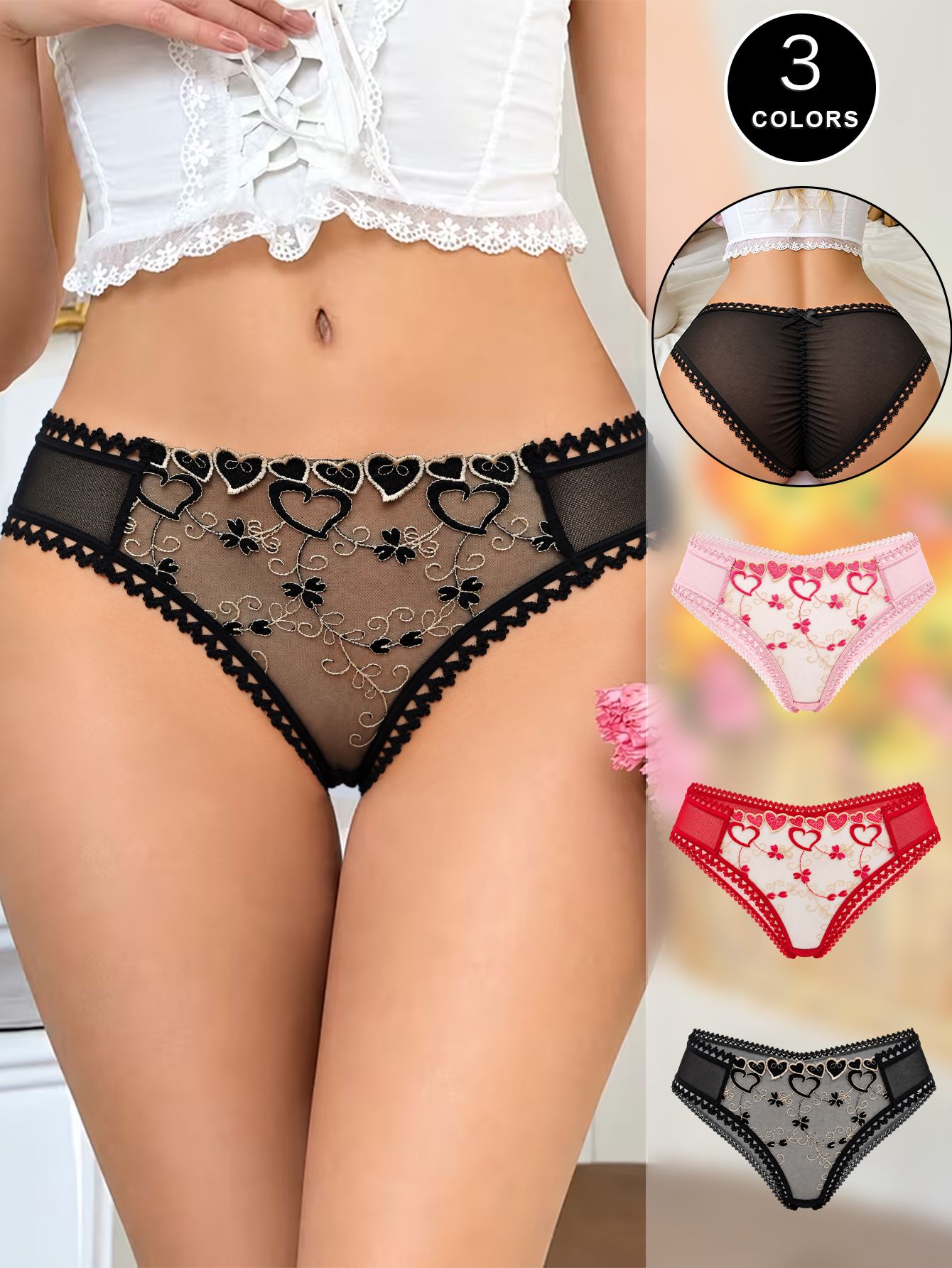(image for) Women's Heart Floral Embroidered Sheer Mesh Low Rise Briefs Cotton Gusset Breathable No Show Sexy Everyday Panties