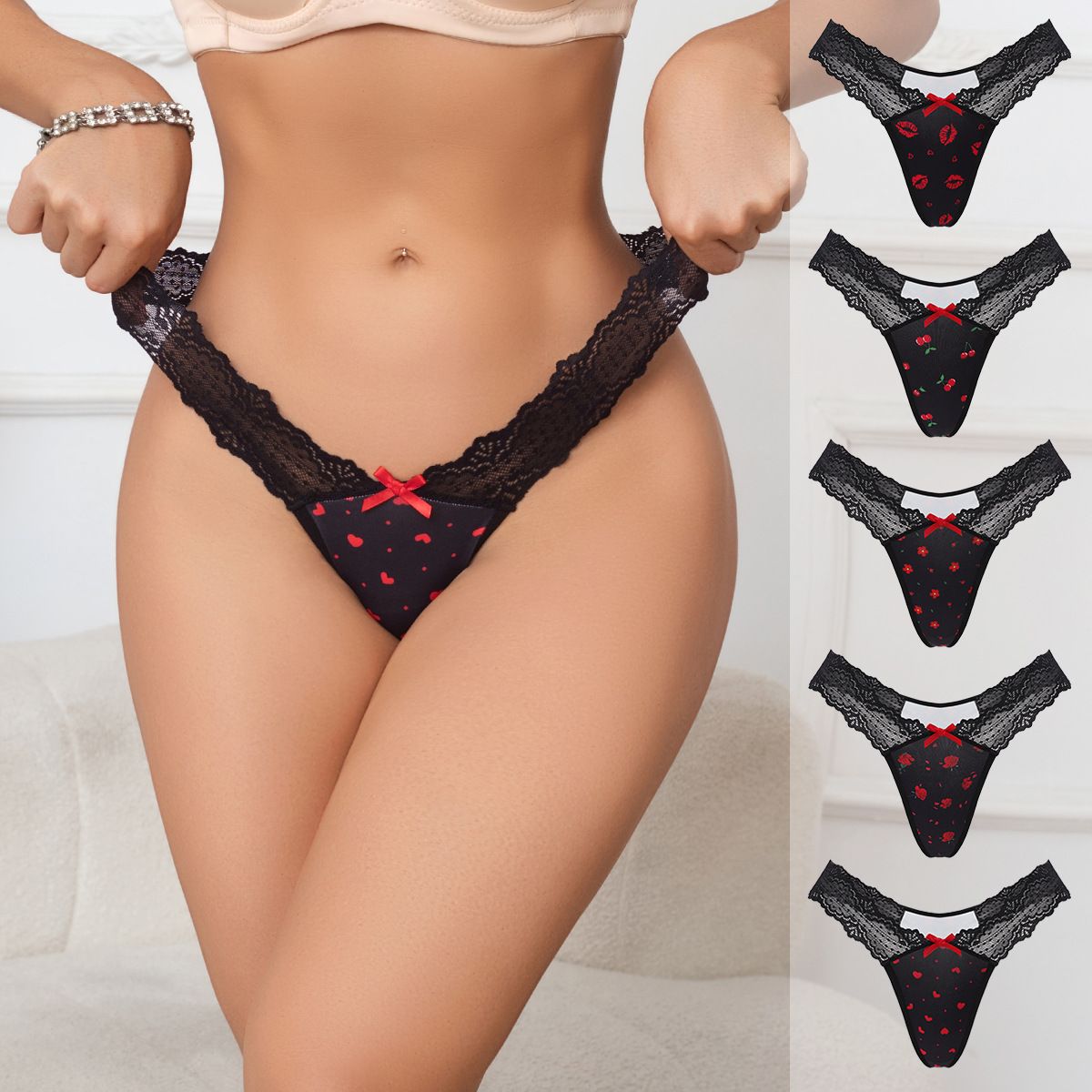 (image for) Women's Scalloped Lace Waistband Printed Low Rise Thong Cotton Gusset Lightweight Breathable Sexy Everyday Intimates