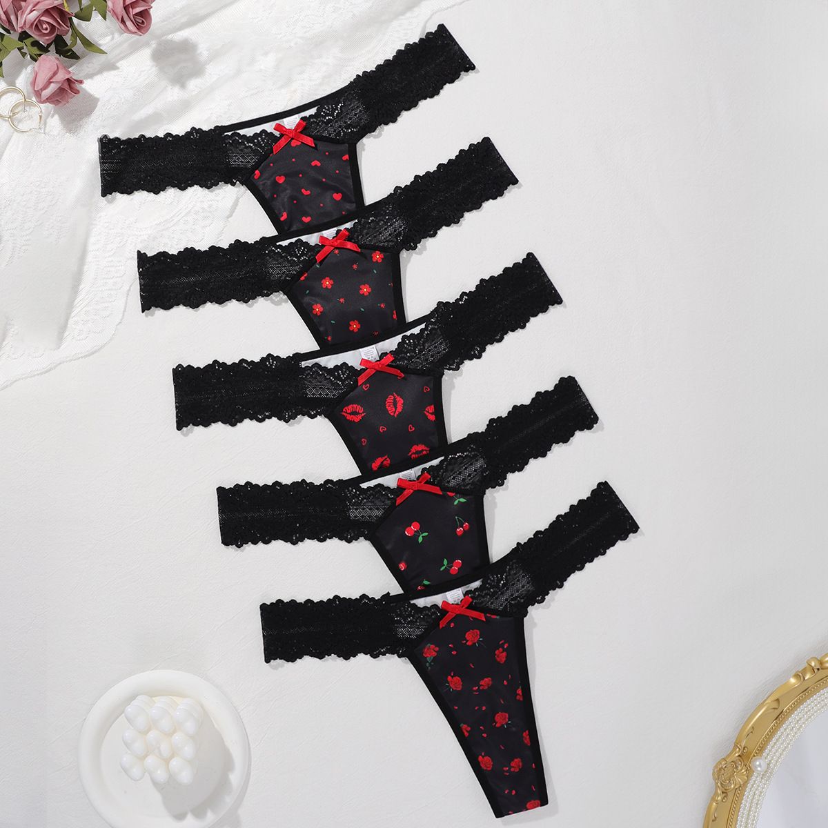 (image for) Women's Scalloped Lace Waistband Printed Low Rise Thong Cotton Gusset Lightweight Breathable Sexy Everyday Intimates