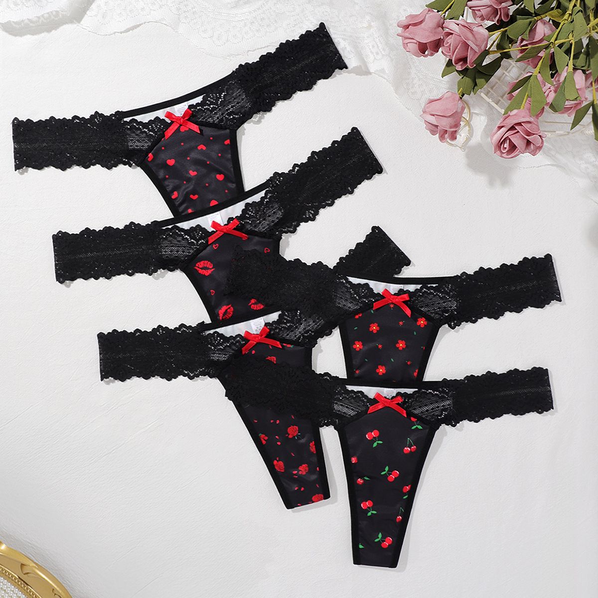 (image for) Women's Scalloped Lace Waistband Printed Low Rise Thong Cotton Gusset Lightweight Breathable Sexy Everyday Intimates