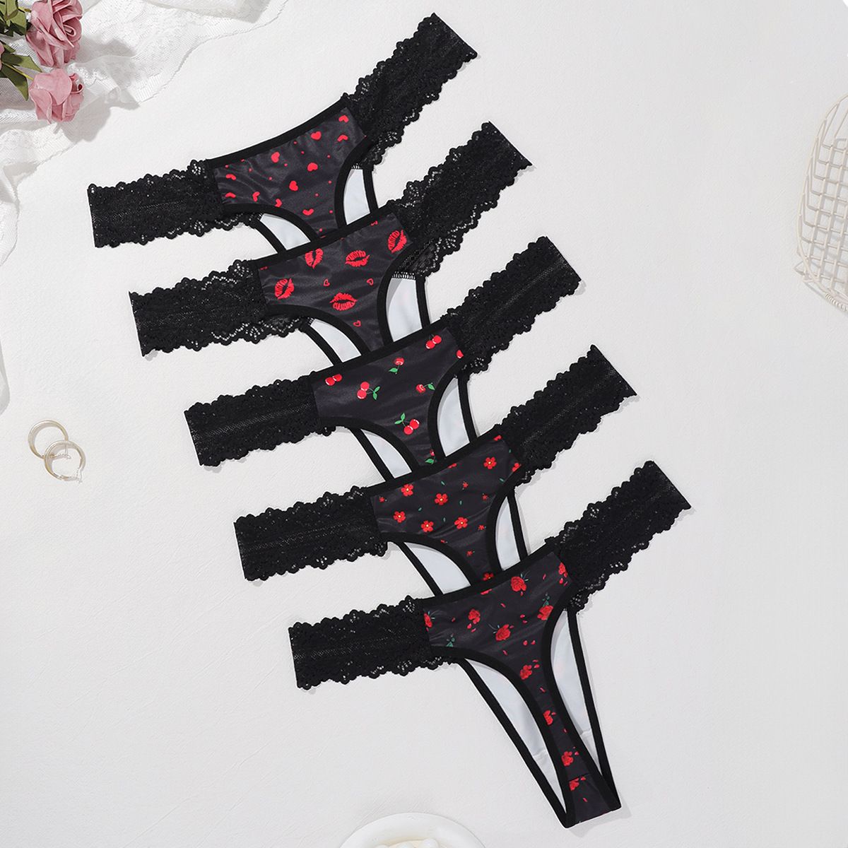(image for) Women's Scalloped Lace Waistband Printed Low Rise Thong Cotton Gusset Lightweight Breathable Sexy Everyday Intimates