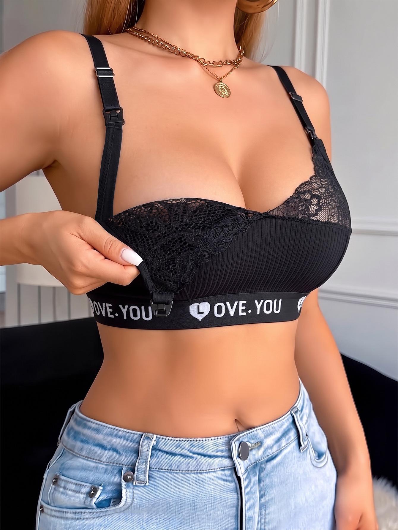 (image for) Women's Lace Trim Front Clip Drop Cup Nursing Bra Wireless Push Up Ultra-Thin Cup Breathable Racerback Adjustable Strap Breastfeeding Maternity Lingerie