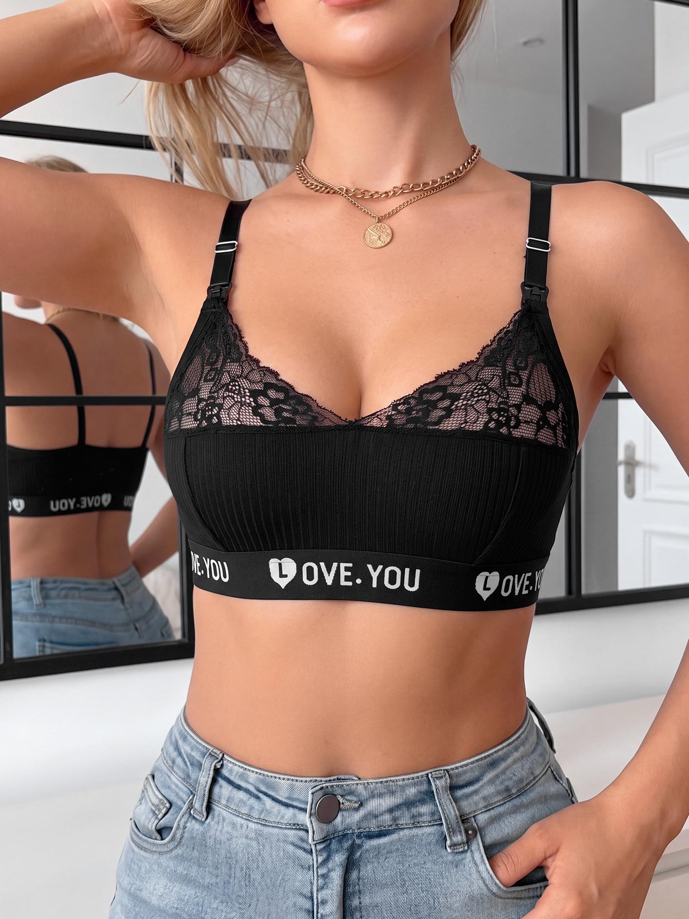 (image for) Women's Lace Trim Front Clip Drop Cup Nursing Bra Wireless Push Up Ultra-Thin Cup Breathable Racerback Adjustable Strap Breastfeeding Maternity Lingerie