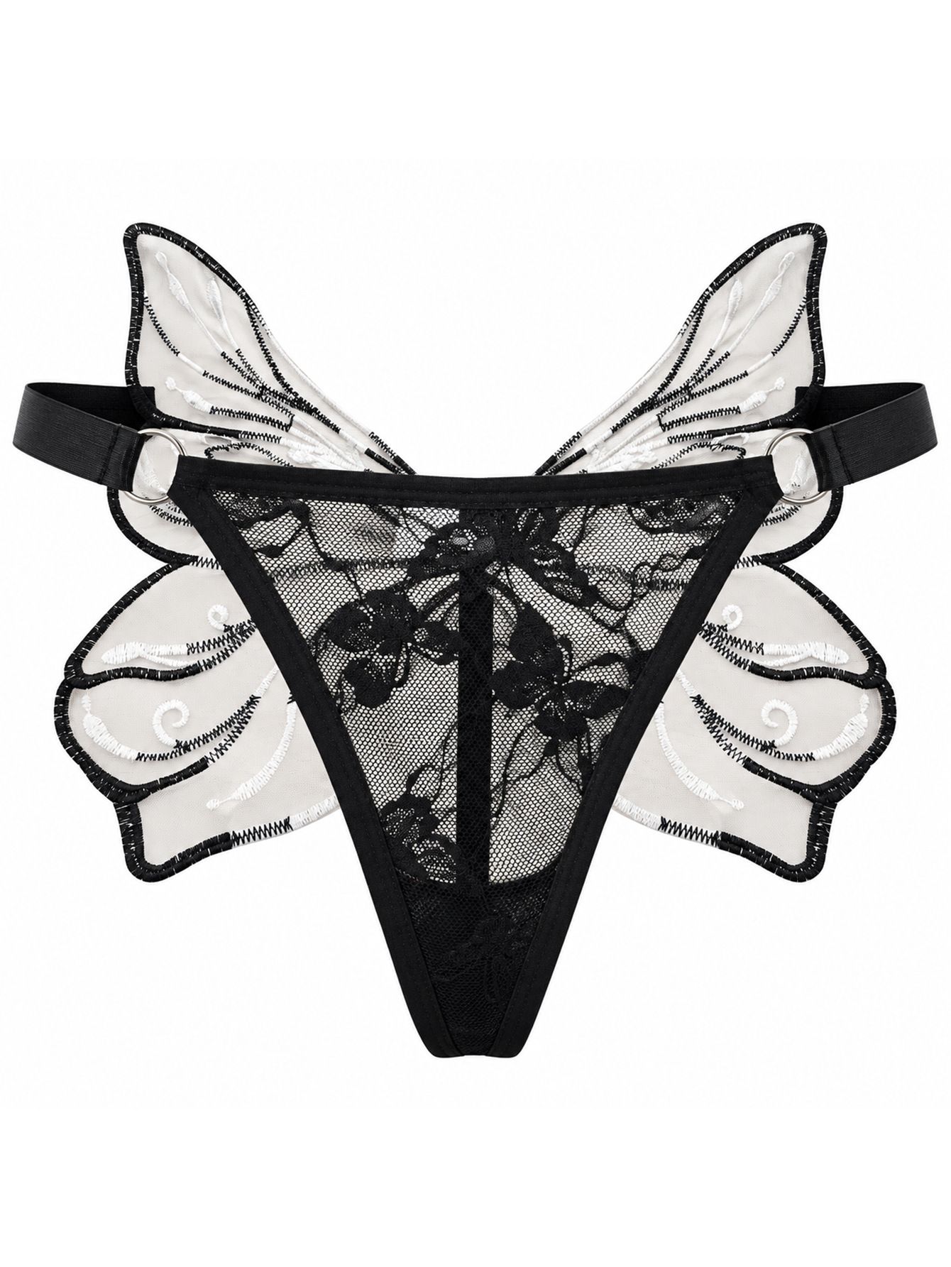(image for) Women's Back Large Butterfly Embroidered Sheer Lace Low Rise Thong Sexy See-Through T-Back Intimate Panty with Breathable Cotton Gusset