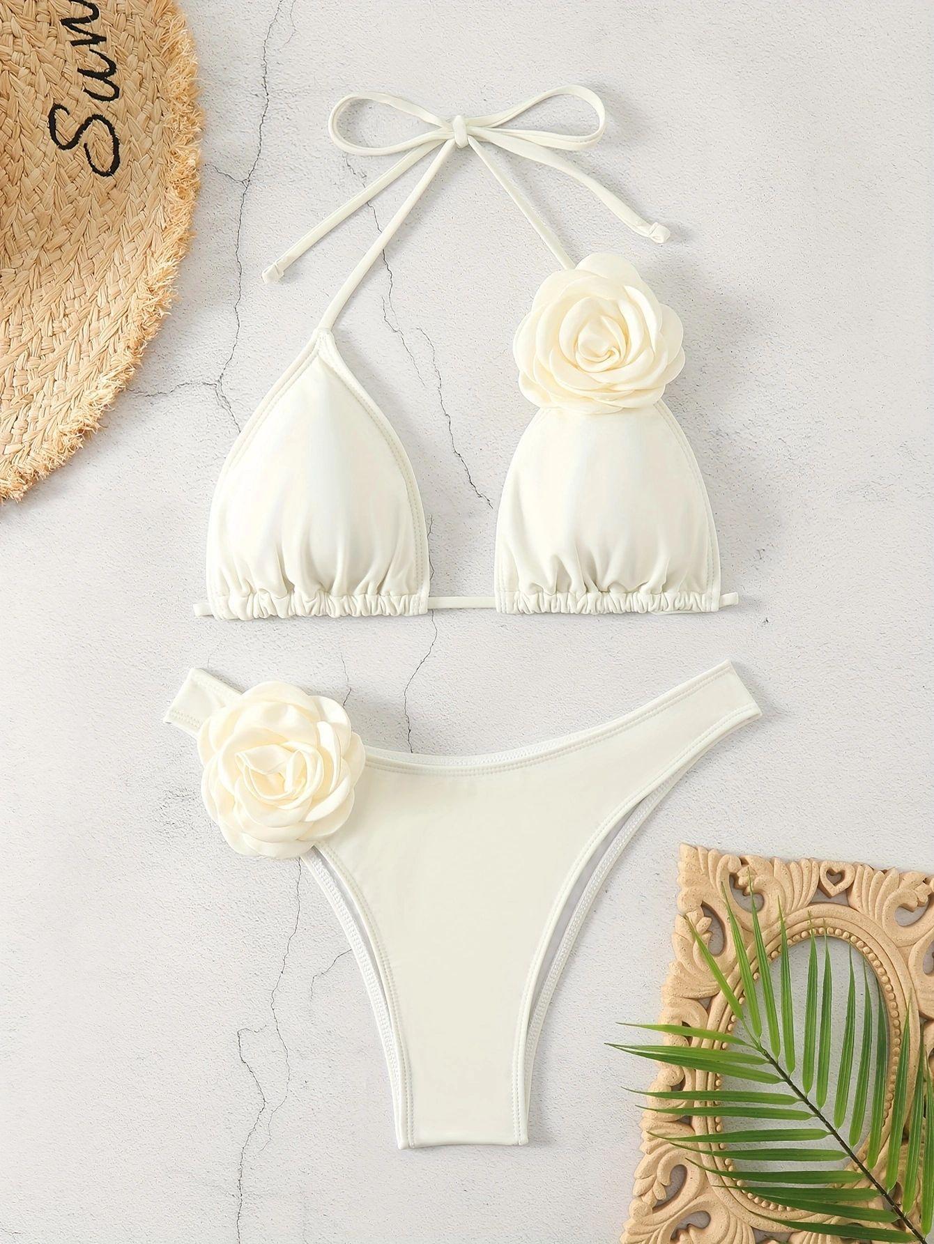 (image for) Women 3D Rose Flower Applique Halter Triangle Bikini Set High Cut Drawstring Tie Sexy Solid Cream White Two Piece Swimwear