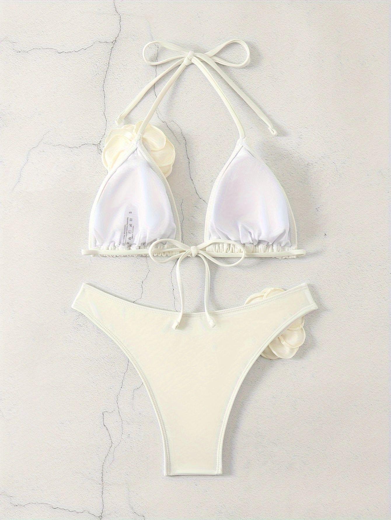 (image for) Women 3D Rose Flower Applique Halter Triangle Bikini Set High Cut Drawstring Tie Sexy Solid Cream White Two Piece Swimwear