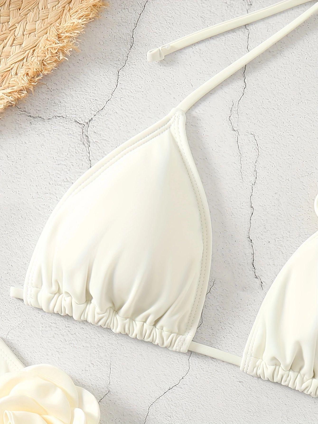 (image for) Women 3D Rose Flower Applique Halter Triangle Bikini Set High Cut Drawstring Tie Sexy Solid Cream White Two Piece Swimwear