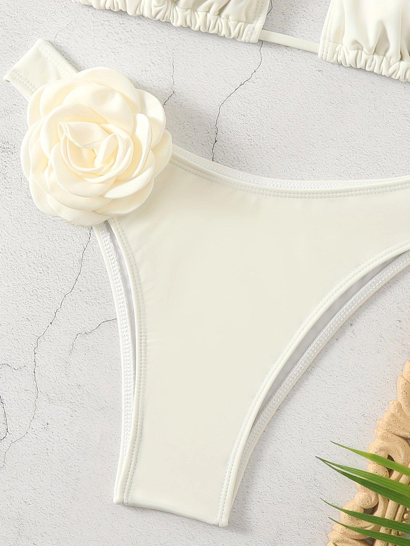 (image for) Women 3D Rose Flower Applique Halter Triangle Bikini Set High Cut Drawstring Tie Sexy Solid Cream White Two Piece Swimwear
