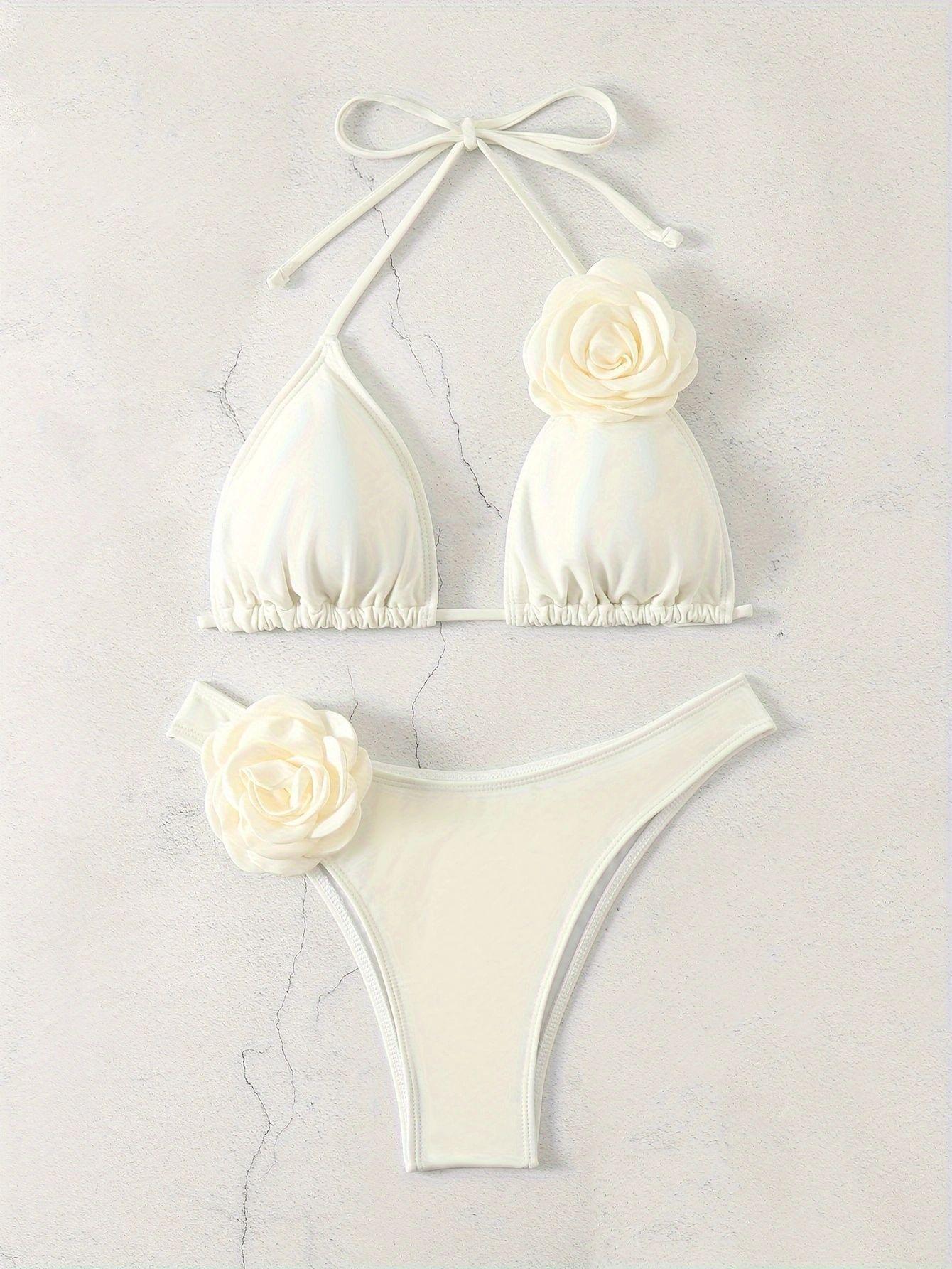 (image for) Women 3D Rose Flower Applique Halter Triangle Bikini Set High Cut Drawstring Tie Sexy Solid Cream White Two Piece Swimwear