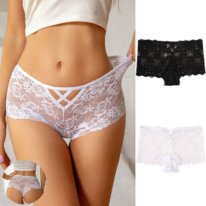 (image for) Women's Mid-Rise Hollow-Out Floral Lace Boyshort Panties 90%-95% Cotton Crotch Butt Lifting Breathable Sheer Mesh Sexy Everyday Intimates