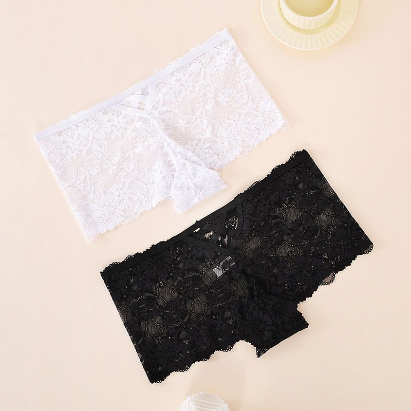 (image for) Women's Mid-Rise Hollow-Out Floral Lace Boyshort Panties 90%-95% Cotton Crotch Butt Lifting Breathable Sheer Mesh Sexy Everyday Intimates