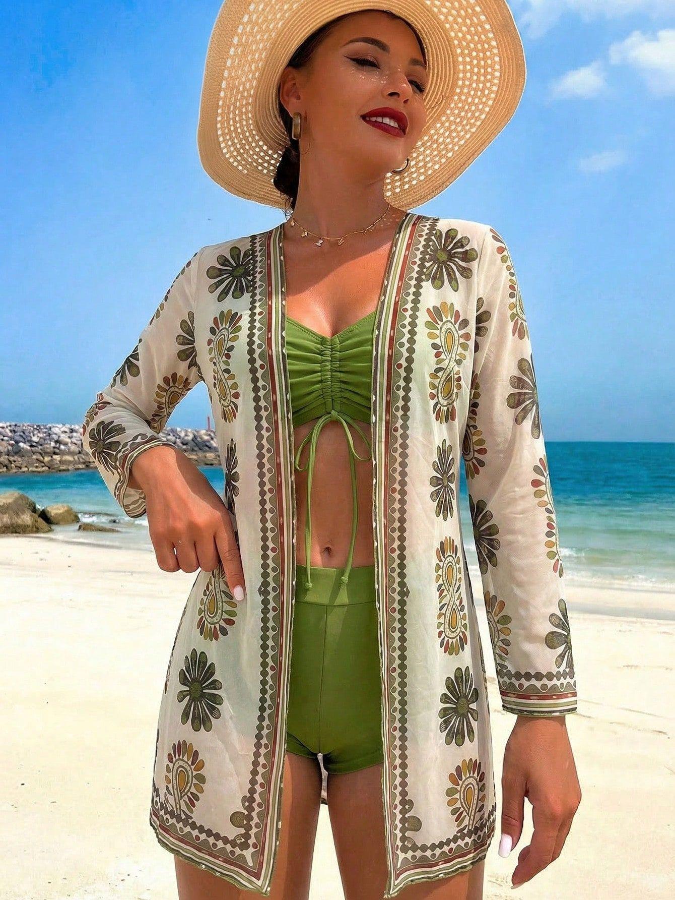 (image for) Women 3 Piece Vintage Boho Floral Long Sleeve Kimono Cover Up Set Green Ruched Drawstring High Waist Boy Short Bikini Sun Protection Premium Beach Resort Swimwear