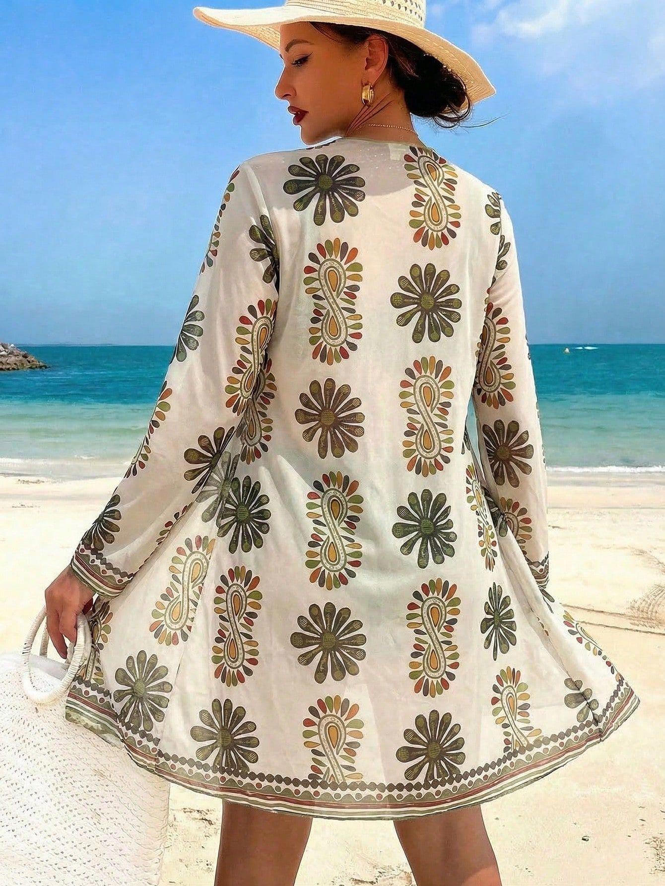 (image for) Women 3 Piece Vintage Boho Floral Long Sleeve Kimono Cover Up Set Green Ruched Drawstring High Waist Boy Short Bikini Sun Protection Premium Beach Resort Swimwear