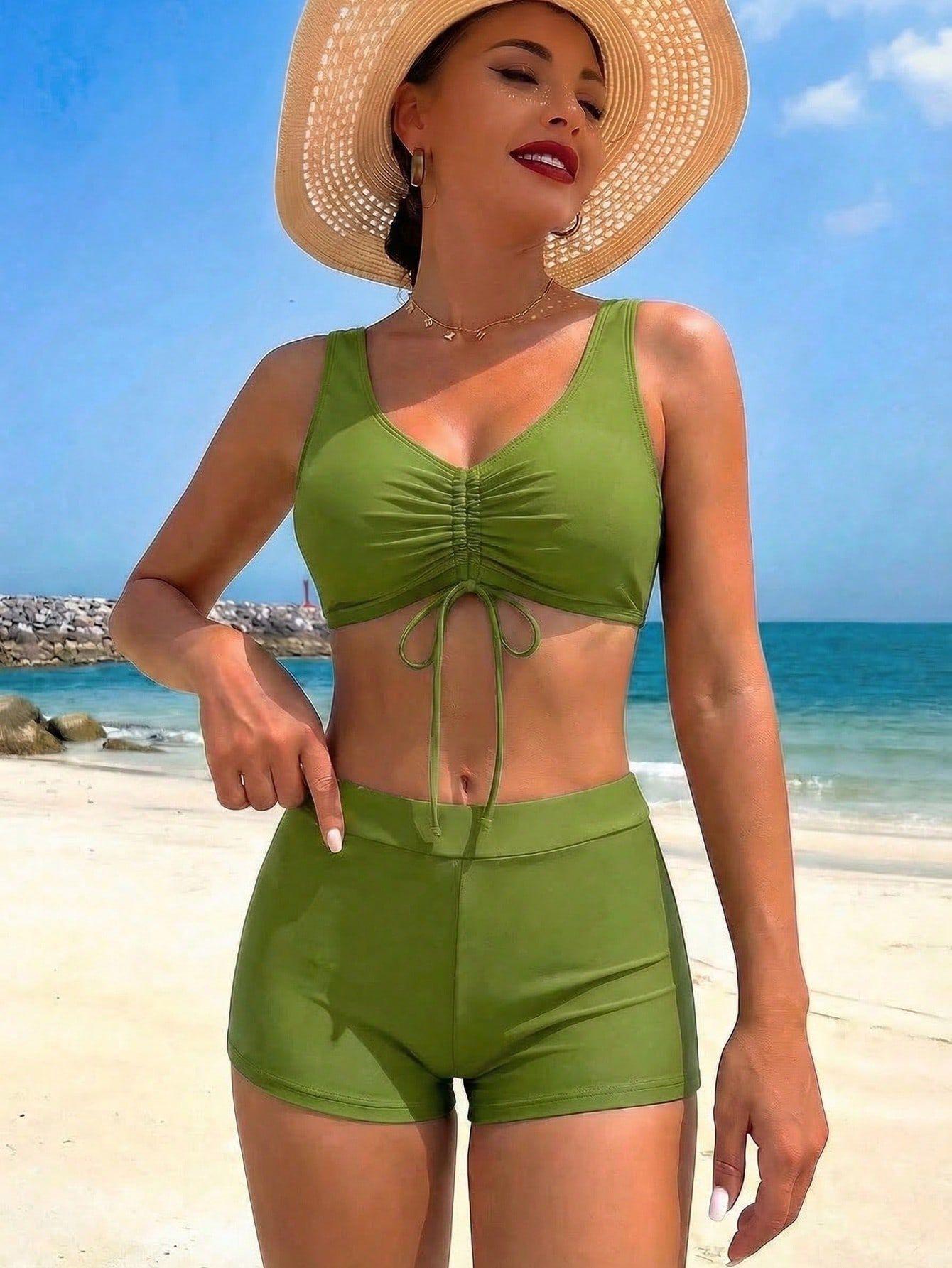 (image for) Women 3 Piece Vintage Boho Floral Long Sleeve Kimono Cover Up Set Green Ruched Drawstring High Waist Boy Short Bikini Sun Protection Premium Beach Resort Swimwear